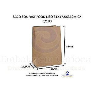 SACO SOS FAST FOOD SEM ESTAMPA 31X17,5X35CM CX C/100 20KG DUPACK