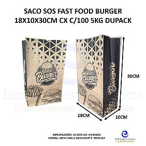 SACO SOS FAST FOOD BURGER 18X10X30CM CX C/100 5KG DUPACK