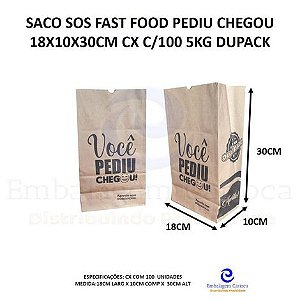 SACO SOS FAST FOOD PEDIU CHEGOU 18X10X30CM CX C/100 5KG DUPACK