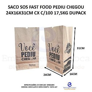 SACO SOS FAST FOOD PEDIU CHEGOU 24X16X31CM CX C/100 17,5KG DUPACK