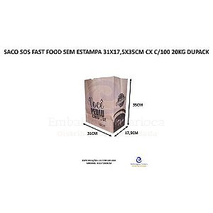 SACO SOS FAST FOOD PEDIU CHEGOU 31X17,5X35CM CX C/100 20KG DUPACK