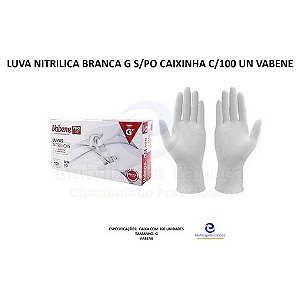 LUVA NITRILICA BRANCA G S/PO CAIXINHA C/100 UN VABENE