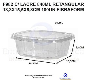 F982 C/ LACRE 840ML RETANGULAR 18,3X15,5X5,8CM 100UN FIBRAFORM