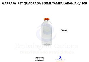 GARRAFA PET QUADRADA 300ML TAMPA LARANJA C/100 (CRISTAL) MULTPLAST