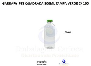 GARRAFA PET QUADRADA 300ML TAMPA VERDE C/100 (CRISTAL) MULTPLAST