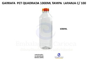 GARRAFINHA PET QUADRADA 1000ML TAMPA LARANJA C/100 (CRISTAL) MULTPLAST