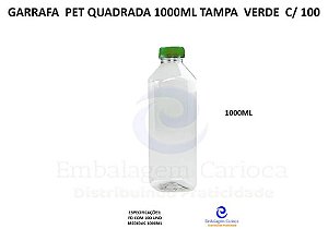 GARRAFINHA PET QUADRADA 1000ML TAMPA VERDE C/100 (CRISTAL) MULTPLAST