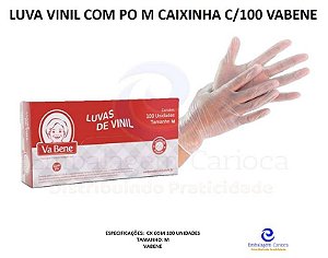 LUVA VINIL BRANCA COM PO M CAIXINHA C/100 VABENE