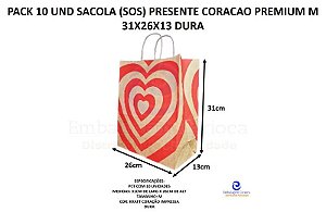 PACK 10 UND SACOLA (SOS) PRESENTE CORACAO PREMIUM M 31X26X13 DURA