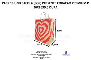 PACK 10 UND SACOLA (SOS) PRESENTE CORACAO PREMIUM P 26X21X9 DURA