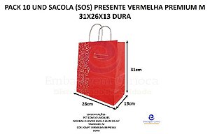 PACK 10 UND SACOLA (SOS) PRESENTE VERMELHA PREMIUM M 31X26X13 DURA