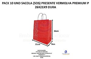 PACK 10 UND SACOLA (SOS) PRESENTE VERMELHA PREMIUM P 26X21X9 DURA