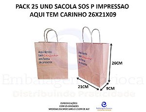 PACK 10 UND SACOLA SOS P IMPRESSAO AQUI TEM CARINHO 26X21X09 DURA