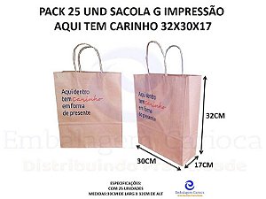 PACK 25 UND SACOLA SOS G IMPRESSAO AQUI TEM CARINHO 32X30X17 DURA