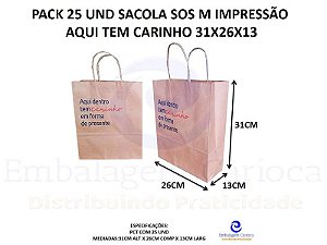 PACK 25 UND SACOLA SOS M IMPRESSAO AQUI TEM CARINHO 31X26X13 DURA