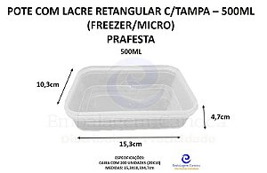 POTE COM LACRE RETANGULAR PP 500ML 20X10 C/TAMPA PRAFESTA (FREEZER/MICRO) KIT