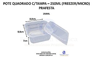 POTE QUADRADO 250ML C/TAMPA 12X20 PRAFESTA (FREEZER/MICRO)