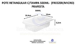 POTE RETANGULAR PP 500ML 6X24 C/TAMPA PRAFESTA (FREEZER/MICRO) KIT