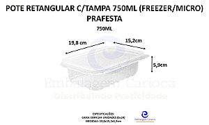 POTE RETANGULAR PP 750ML 6X24 C/TAMPA PRAFESTA (FREEZER/MICRO) KIT