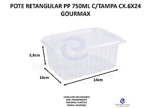 POTE RETANGULAR PP 750ML C/TAMPA CX.6X24 GOURMAX