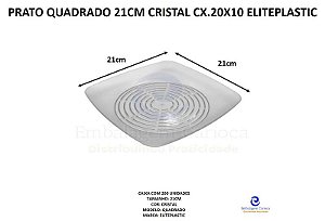PRATO QUADRADO 21CM CRISTAL CX.20X10 ELITEPLASTIC 10553