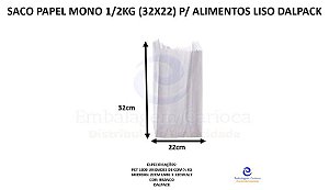 SACO PAPEL MONO 1/2KG (32X22) P/ ALIMENTOS LISO C/ MIL DALPACK