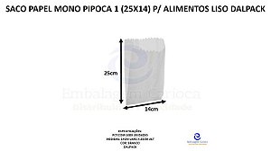 SACO PAPEL MONO PIPOCA 1 (25X14) P/ ALIMENTOS LISO C/ MIL DALPACK
