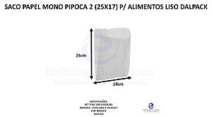 SACO PAPEL MONO PIPOCA 2 (25X16) P/ ALIMENTOS LISO C/ MIL DALPACK