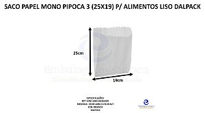 SACO PAPEL MONO PIPOCA 3 (25X19) P/ ALIMENTOS LISO C/ MIL DALPACK