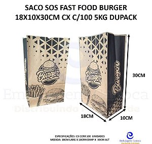 SACO SOS FAST FOOD BURGER 18X10X30CM CX C/100 5KG DUPACK
