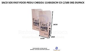 SACO SOS FAST FOOD PEDIU CHEGOU 11X8X26CM CX C/100 3KG DUPACK