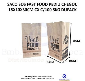 SACO SOS FAST FOOD PEDIU CHEGOU 18X10,5X30CM CX C/100 5KG DUPACK