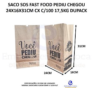 SACO SOS FAST FOOD PEDIU CHEGOU 24X16X31CM CX C/100 17,5KG DUPACK