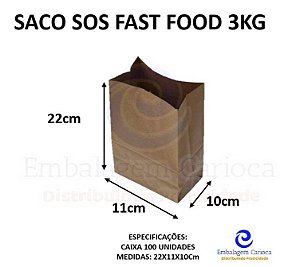 SACO SOS FAST FOOD SEM ESTAMPA 11X8X26CM CX C/100 3KG DUPACK