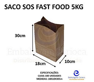SACO SOS FAST FOOD SEM ESTAMPA 18X10,5X30CM CX C/100 5KG DUPACK