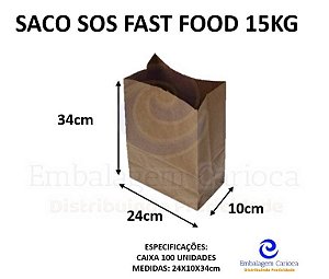 SACO SOS FAST FOOD SEM ESTAMPA 24X10,5X34CM CX C/100 15KG DUPACK