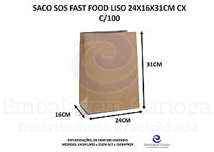SACO SOS FAST FOOD SEM ESTAMPA 24X16X31CM CX C/100 17,5KG DUPACK
