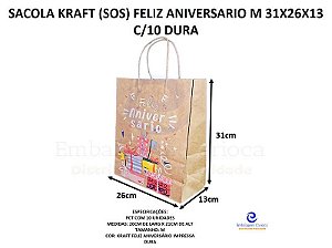 SACOLA KRAFT (SOS) FELIZ ANIVERSARIO M 31X26X13 C/10 DURA