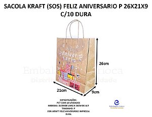 SACOLA KRAFT (SOS) FELIZ ANIVERSARIO P 26X21X9 C/10 DURA