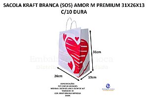 SACOLA KRAFT BRANCA (SOS) AMOR M PREMIUM 31X26X13 C/10 DURA