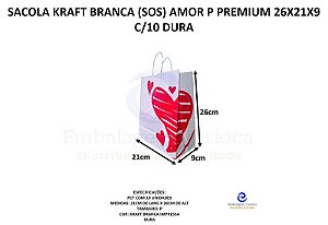SACOLA KRAFT BRANCA (SOS) AMOR P PREMIUM 26X21X9 C/10 DURA