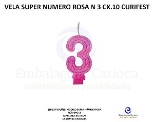 VELA SUPER NUMERO SIMPLES ROSA N 3 CX.10 CURIFEST