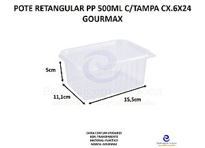 POTE RETANGULAR PP 500ML C/TAMPA CX.6X24 GOURMAX