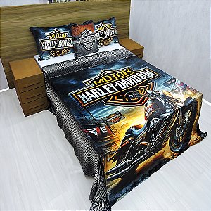 Manta Casal Com Fronhas e Almofada, Harley Davidson, Cobertor Casal 4 Peças, Fleece