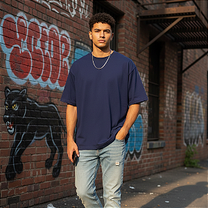 Camiseta Masculina Oversize Lisa Azul Indigo Algodão Com Elastano