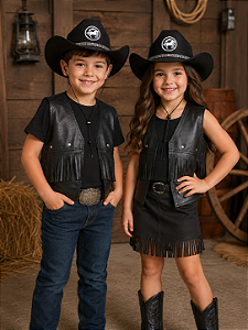 Kit Country Infantil Unissex Colete e Chapéu Preto Com Strass