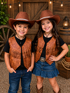 Kit Country Infantil Colete e Chapéu Marrom Com Strass Festa Rodeio