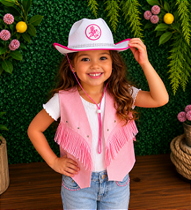 Colete e Chapéu Country Infantil Branco e Rosa Com Strass