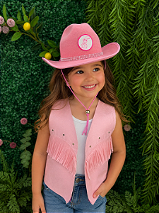 Kit 2pç Colete e Chapéu Country Infantil Rosa Rodeio Cowboy