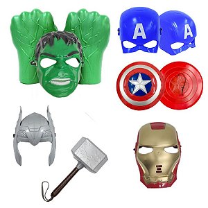 Kit Luva Hulk Martelo Thor Escudo Capitão America E Mascaras
